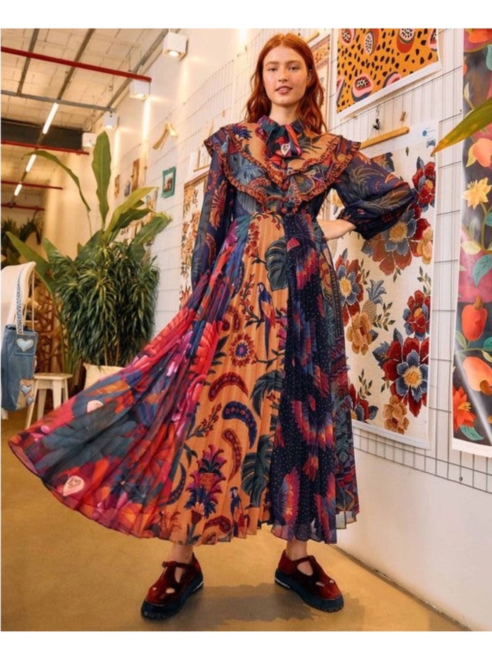 Farm Rio Mixed Print Pleated Midi Dress